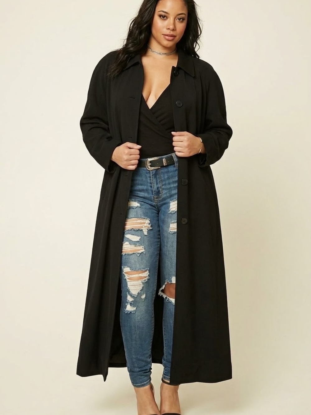 Vintage Penningtons Long Black Duster Coat / Trench Jacket - Size 14